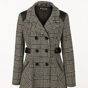 Guess Women’s Plaid Trench Coat Size L – Double Breasted Faux Leather Trim Belte